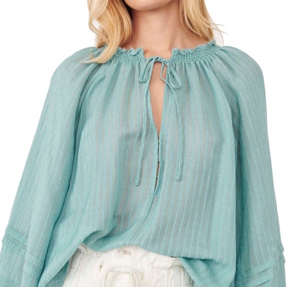 NEW FREE PEOPLE Blue/Green Split Neck Textured Long Sleeve Blouse NWT - Picture 4 of 10